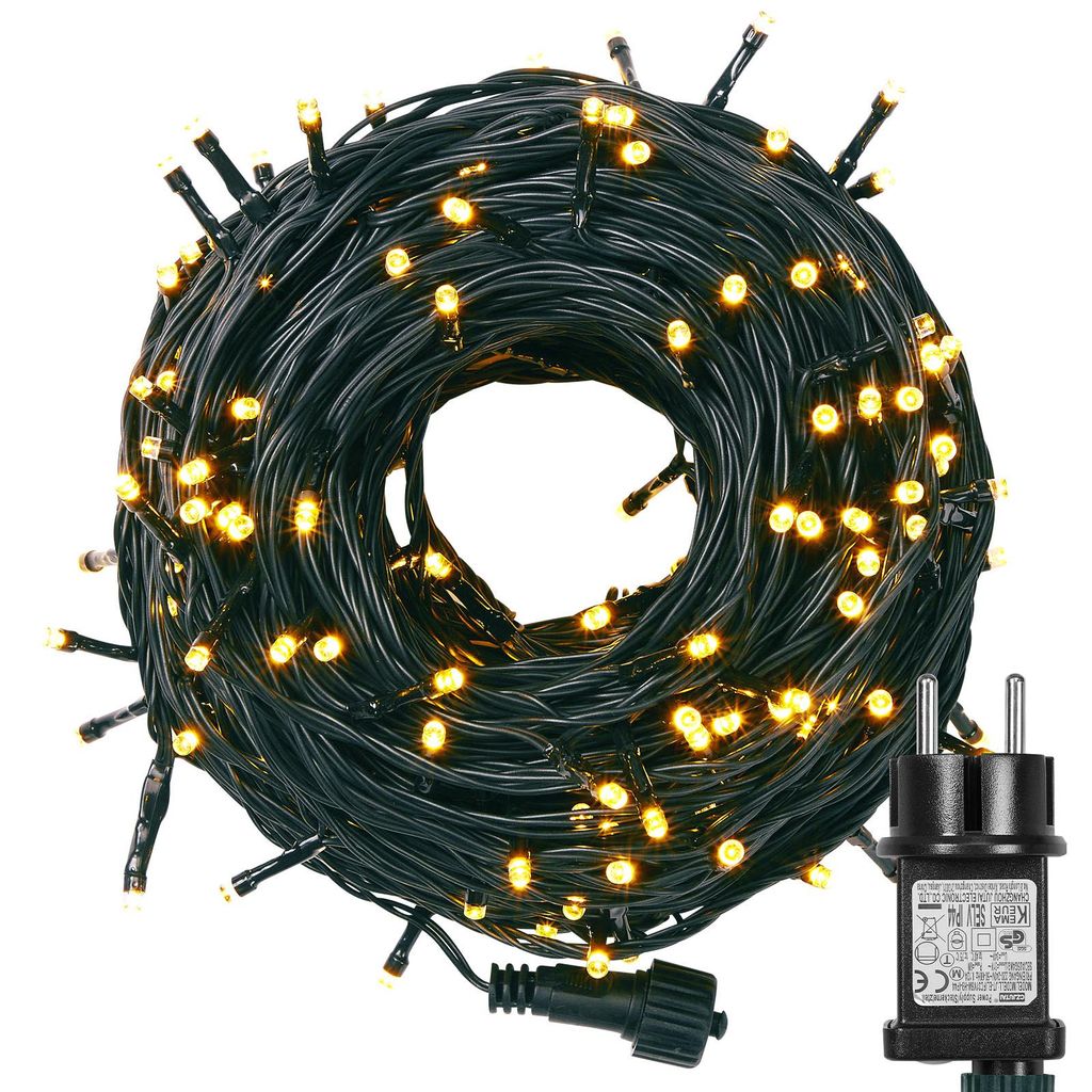 A coiled string of LED lights with a power adapter.