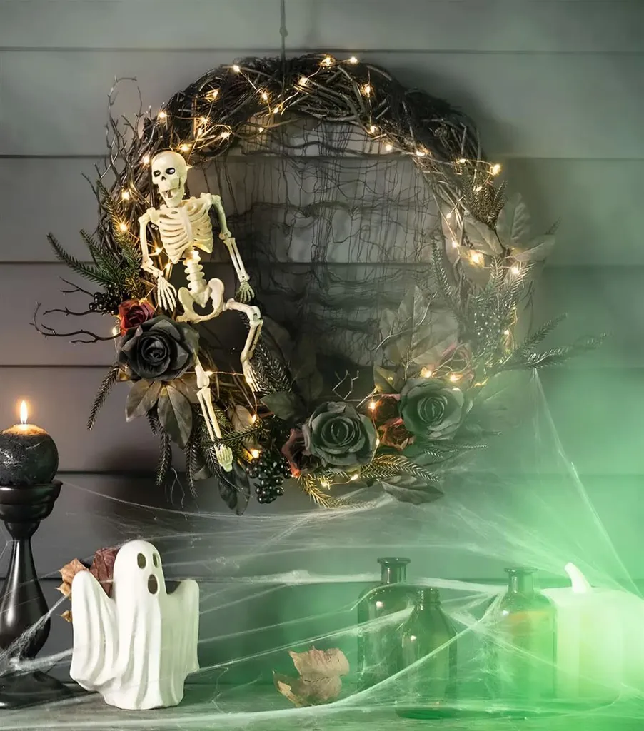 Couronne branches Halloween avec LED et squelette pour décor mural