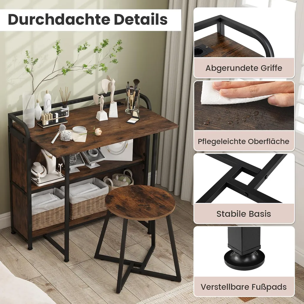 Costway Scrivania Pieghevole con Sgabello e Prese USB Marrone Office - 7