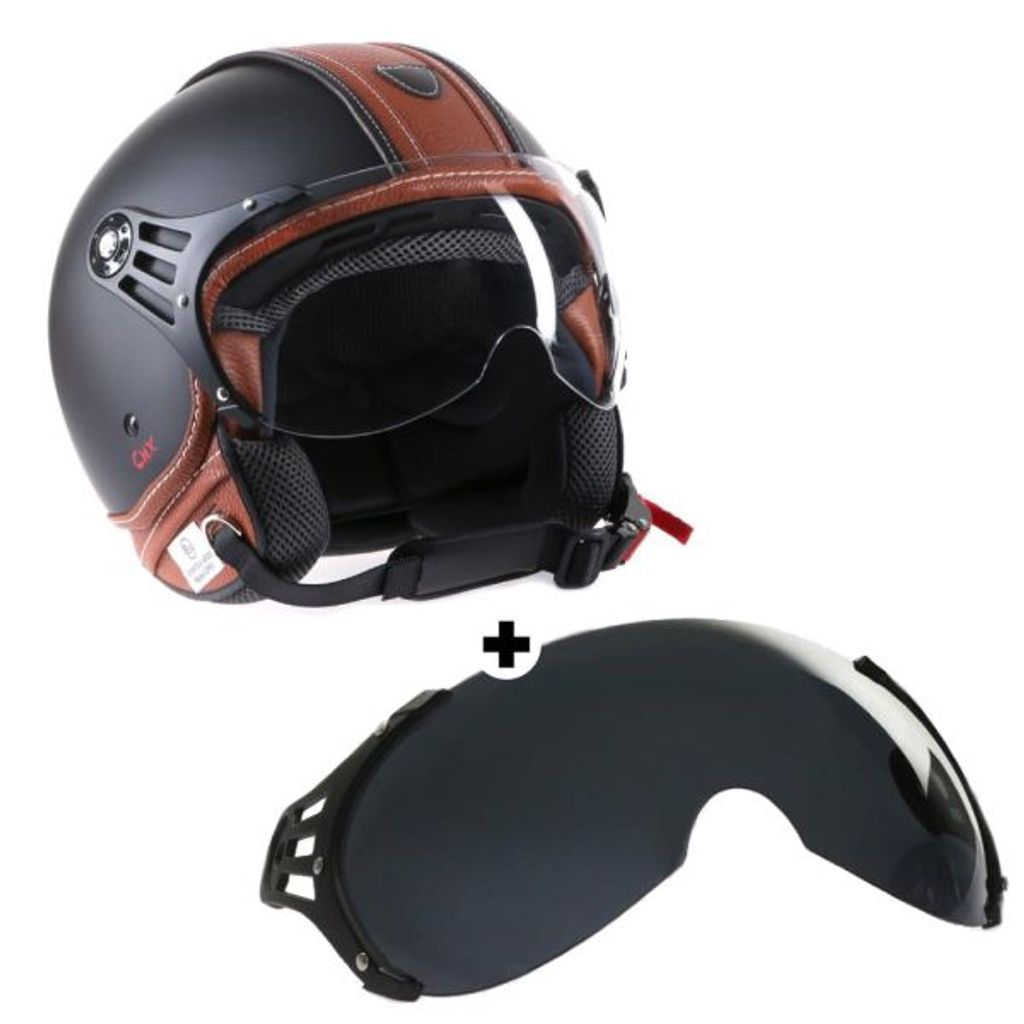 Motorradhelm Jethelm Rollerhelm CMX Hazel matt schwarz mit Leder braun inkl. Visier getönt "S"