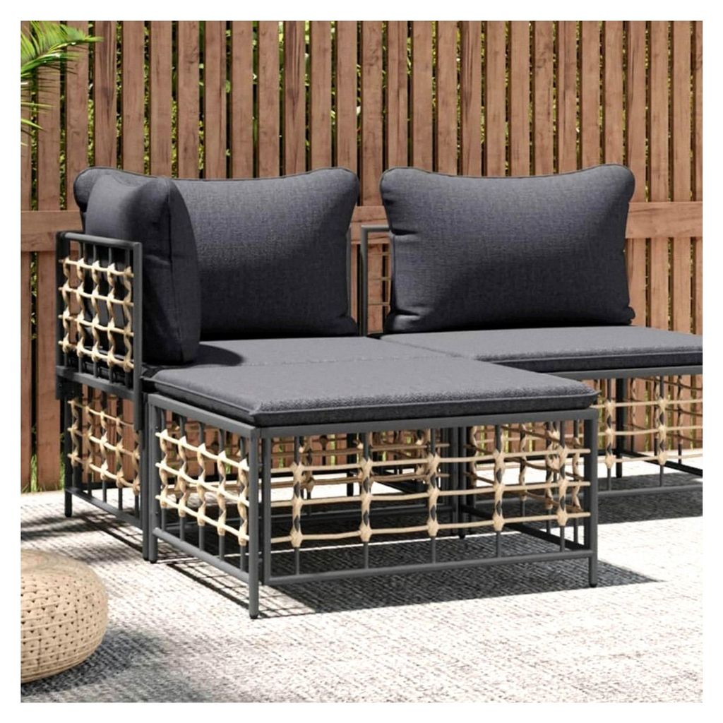 Gartenhocker mit Dunkelgrauem Kissen aus Poly Rattan, 70x70x34 cm, witterungsbeständig, stabiler Stahlrahmen, geeignet für Outdoor-Möbel