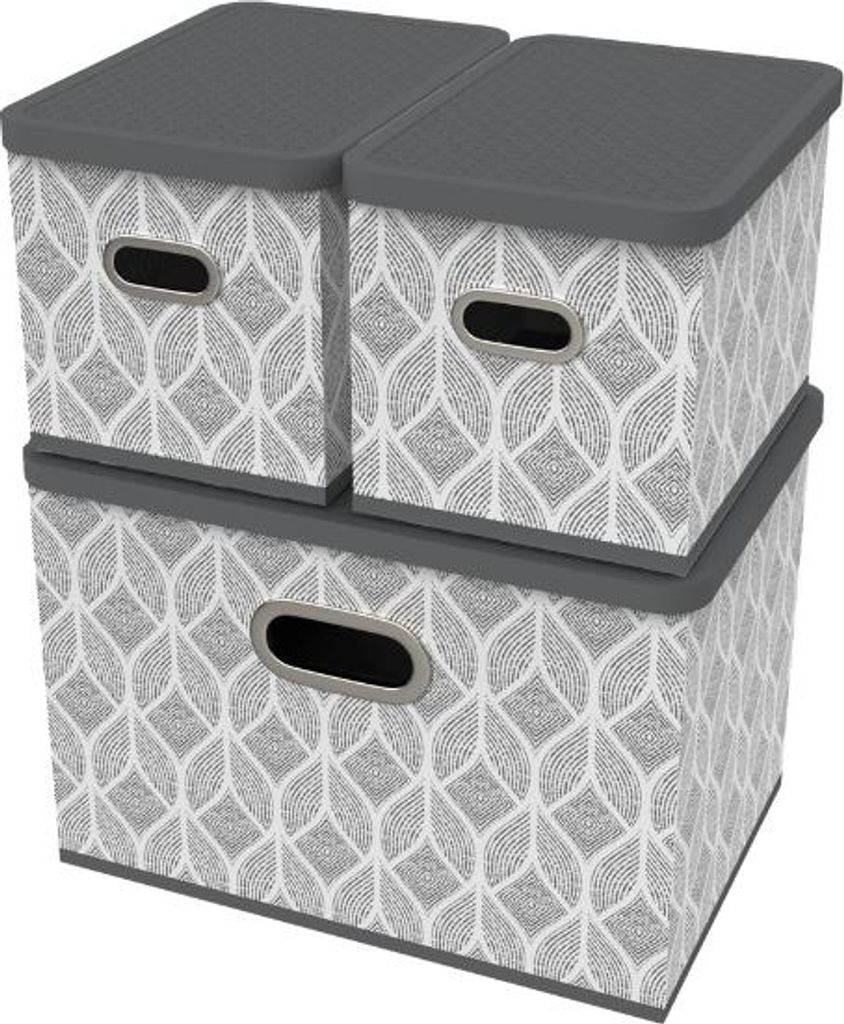 Aufbewahrungsboxen mit Deckel, 3-tlg., graue Blätter