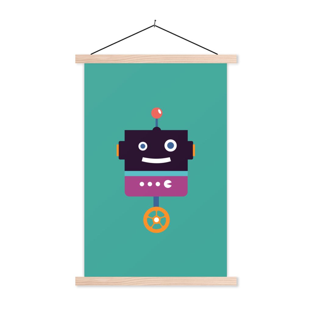 MuchoWow Textilposter Roboter - Rad - Lila - Grün - Jungen - Kinder 120x180 cm mit holzfarbenen Rahmen - Textil-Plakat