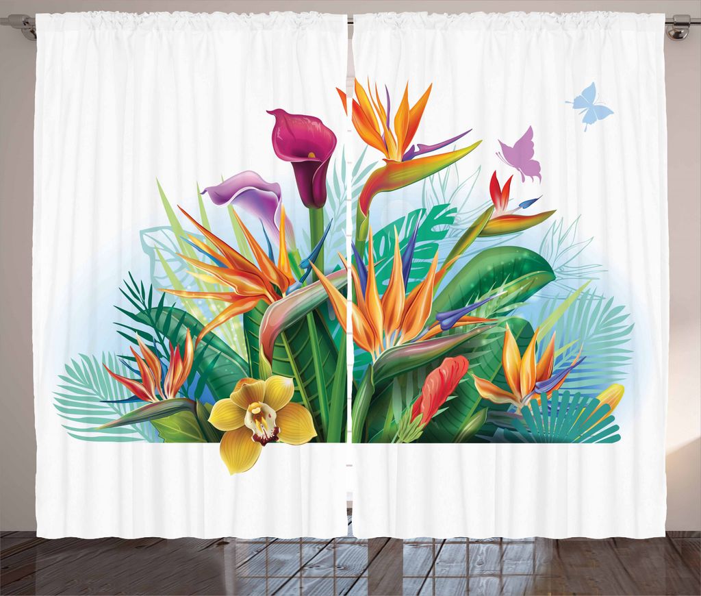 ABAKUHAUS Orchideen Rustikaler Gardine, Exotische Blumen Strelitzia, Schlafzimmer Kräuselband Vorhang mit Schlaufen und Haken, 280 x 245 cm, Mehrf...