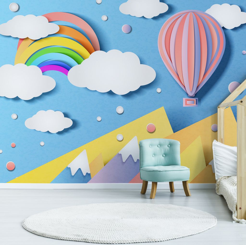 Muralo XXL Vlies FOTOTAPETE BALLON Wolken Regenbogen (B) 90 cm x (H) 60 cm Tapete Wandtapete KINDERZIMMER SPIELZIMMER 4808