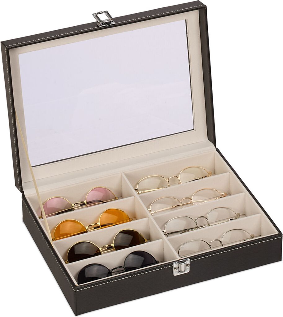 Relaxdays Brillenbox, 8 Brillen, Lederoptik, Samtbezug, Produktbild 