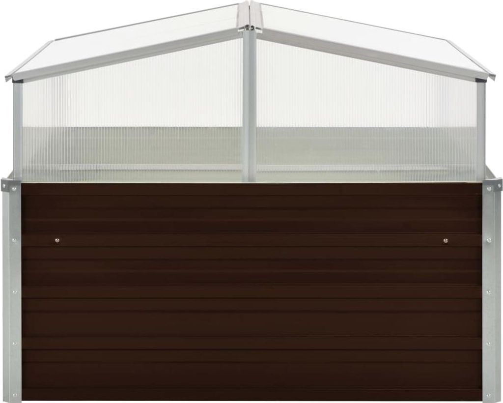 A close-up front view of a brown and silver greenhouse.