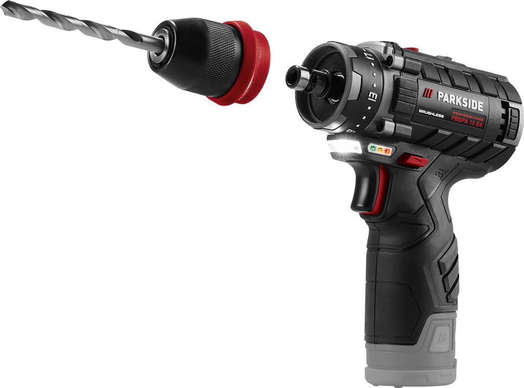 A cordless drill and its chuck with a drill bit are shown separately against a white background.