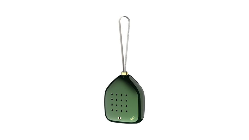 A green decorative item with a hanging loop, against a white background.