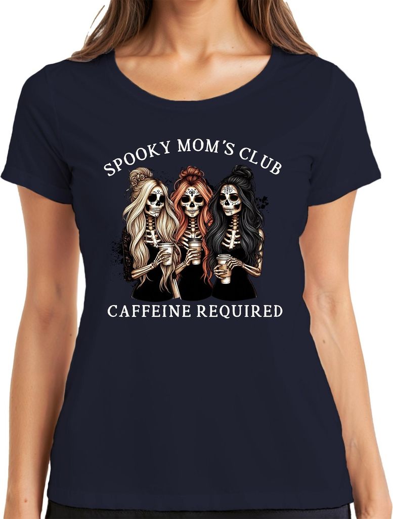 Spooky Moms Club Kaffee Mama Halloween Skelett Gothic Kaffeeliebe Damen T-Shirt, Navy, M