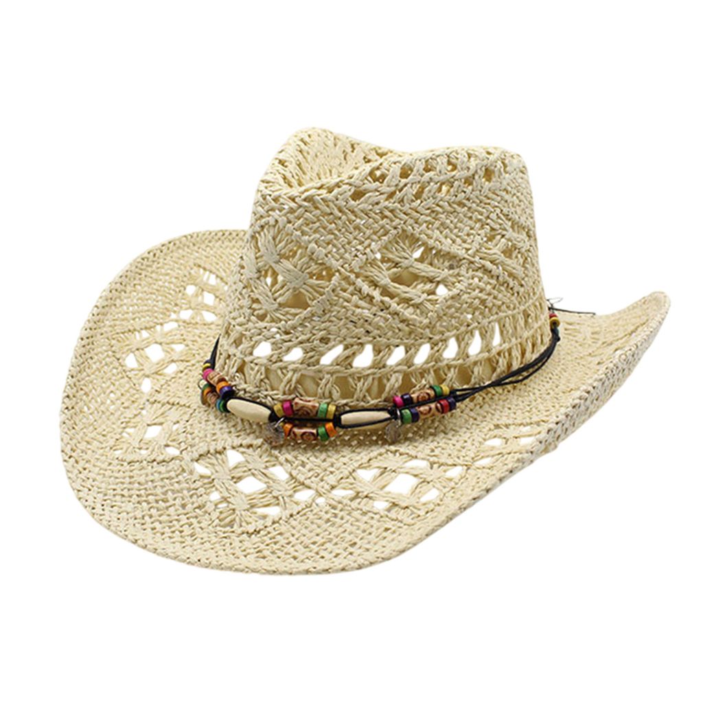 Cowboyhut Uni Strohhut mit Breite Krempe Sommerhut Strandmütze, Beige