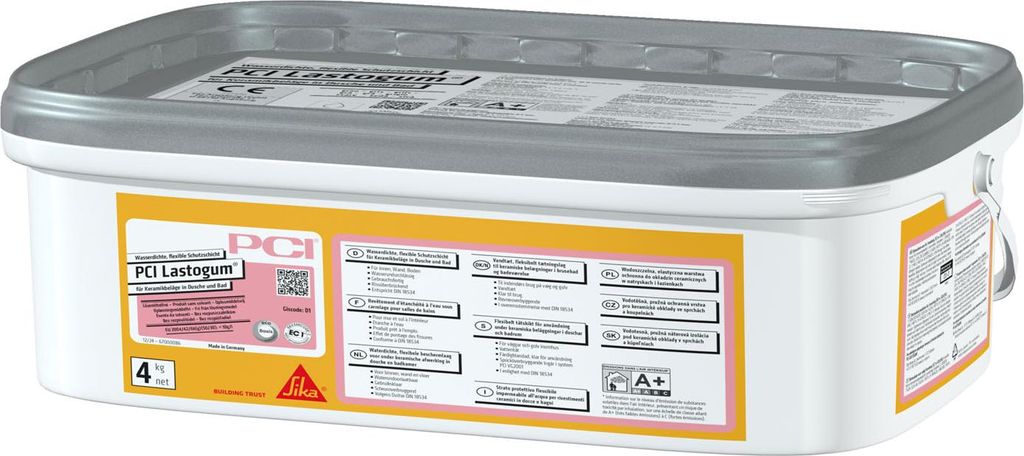 A white plastic tub with a gray lid containing a sealant or adhesive product. The tub has a prominent yellow label with product information and branding.