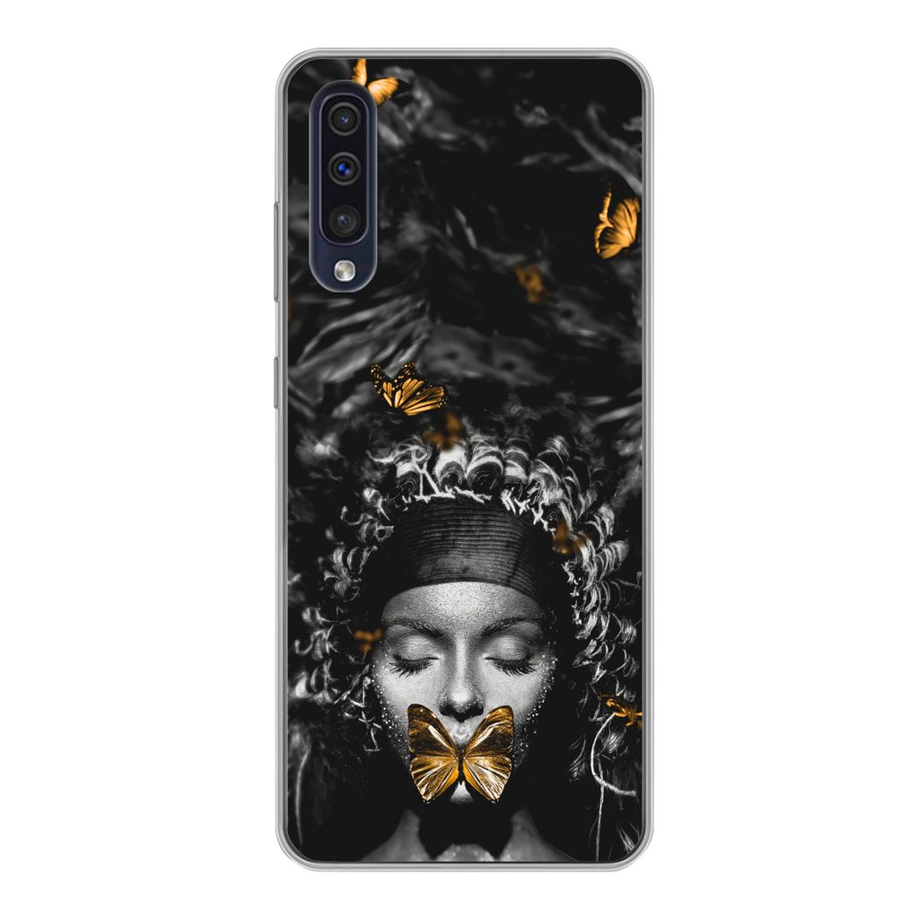 MuchoWow Handyhülle Schutzhülle Hülle für Samsung Galaxy A30s Frau - Schmetterlinge - Schwarz - Weiß Silikon Softcase Handy Hülle - Karteni...