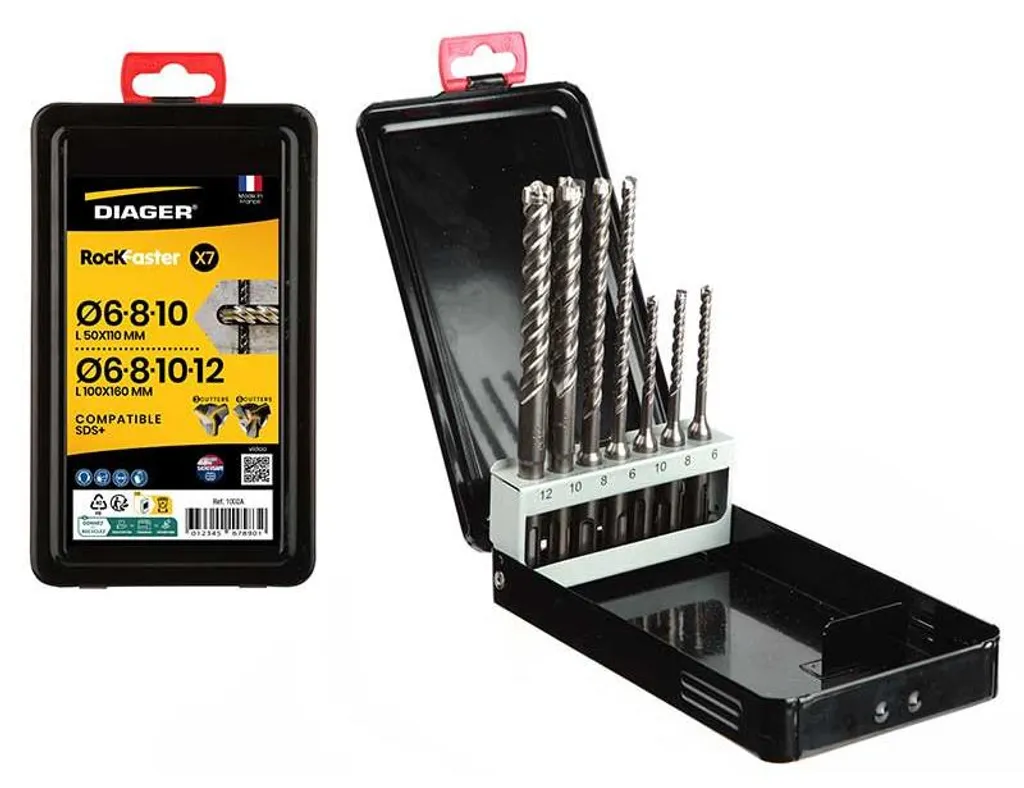 Jeu de 7 forets à béton SDS Plus Rockfaster DIAGER 1001R pour perforateur
