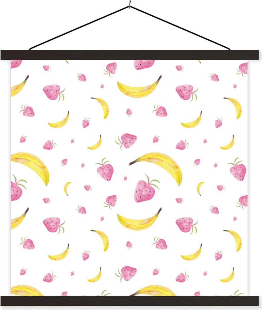 MuchoWow Textilposter Banane - Erdbeere - Weiß - Design 90x90 cm mit schwarzem Rahmen - Magnetisches