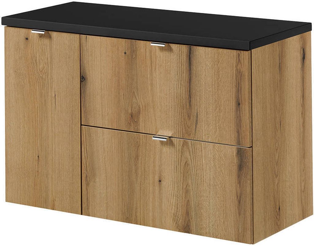 Waschtischunterschrank 'Skelbolu' hängend mit 2 Schubladen und 1 Tür 90 x 60 x 40 cm Eicheoptik/Schwarz