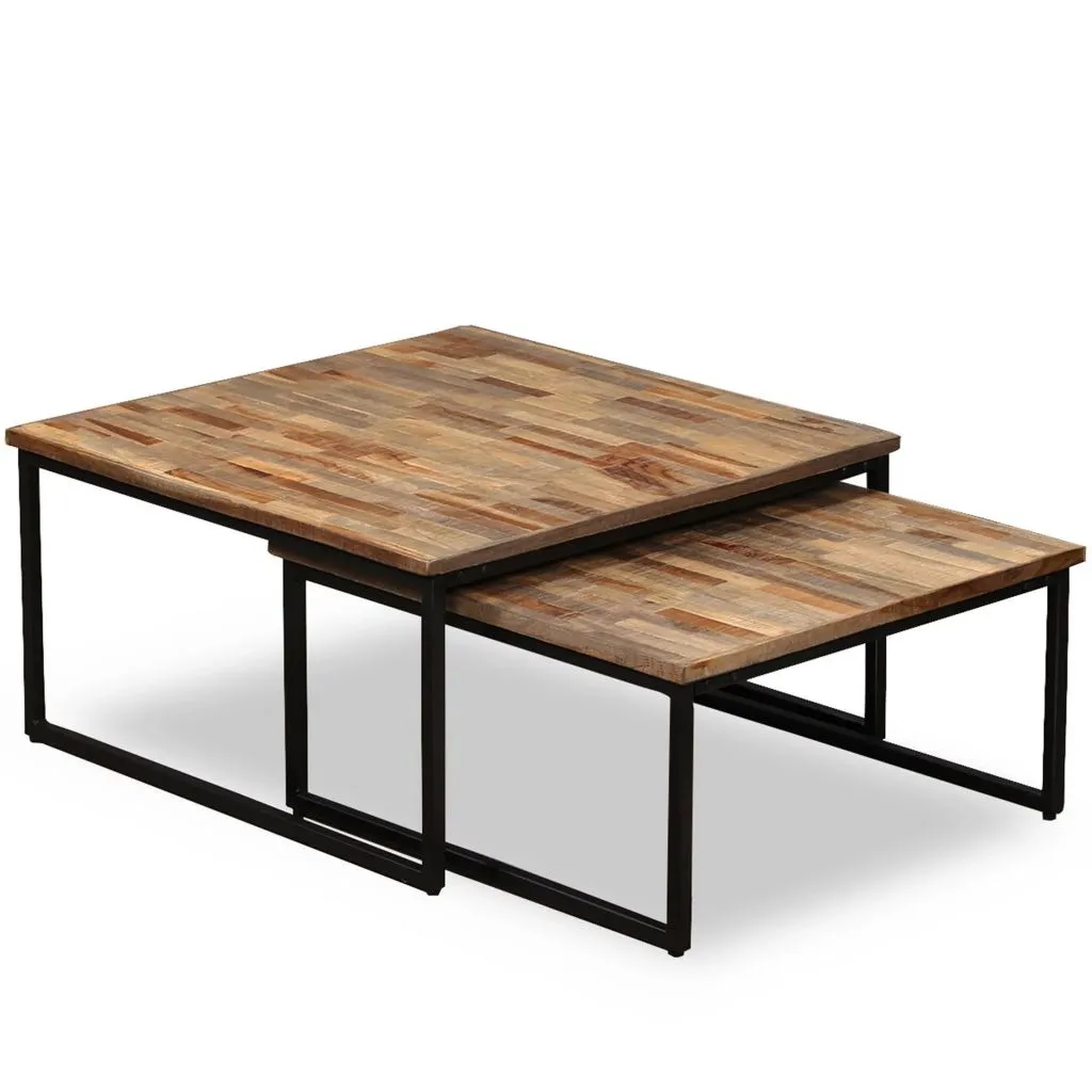 Table basse double en teck massif recyclé avec finition artisanale - 11