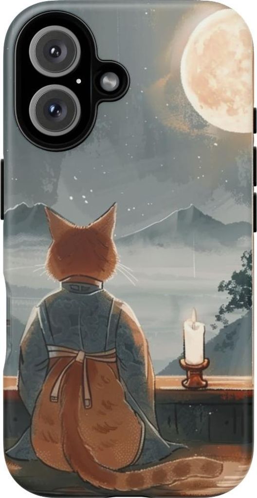 Katzenmotiv im traditionellen Gewand bei Mondschein – Hülle Kompatibel mit iPhone 16
