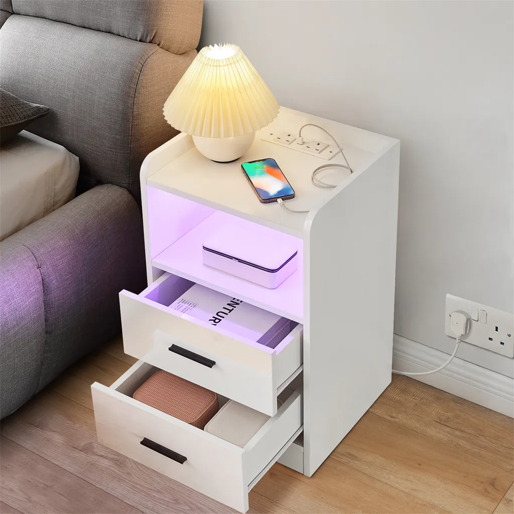 Table de nuit LED avec prise de recharge USB, meuble de chambre blanc