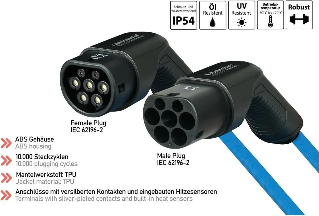Câble de charge pour borne publique Type 2 Mode 3 triphasé 32A 5m - 5