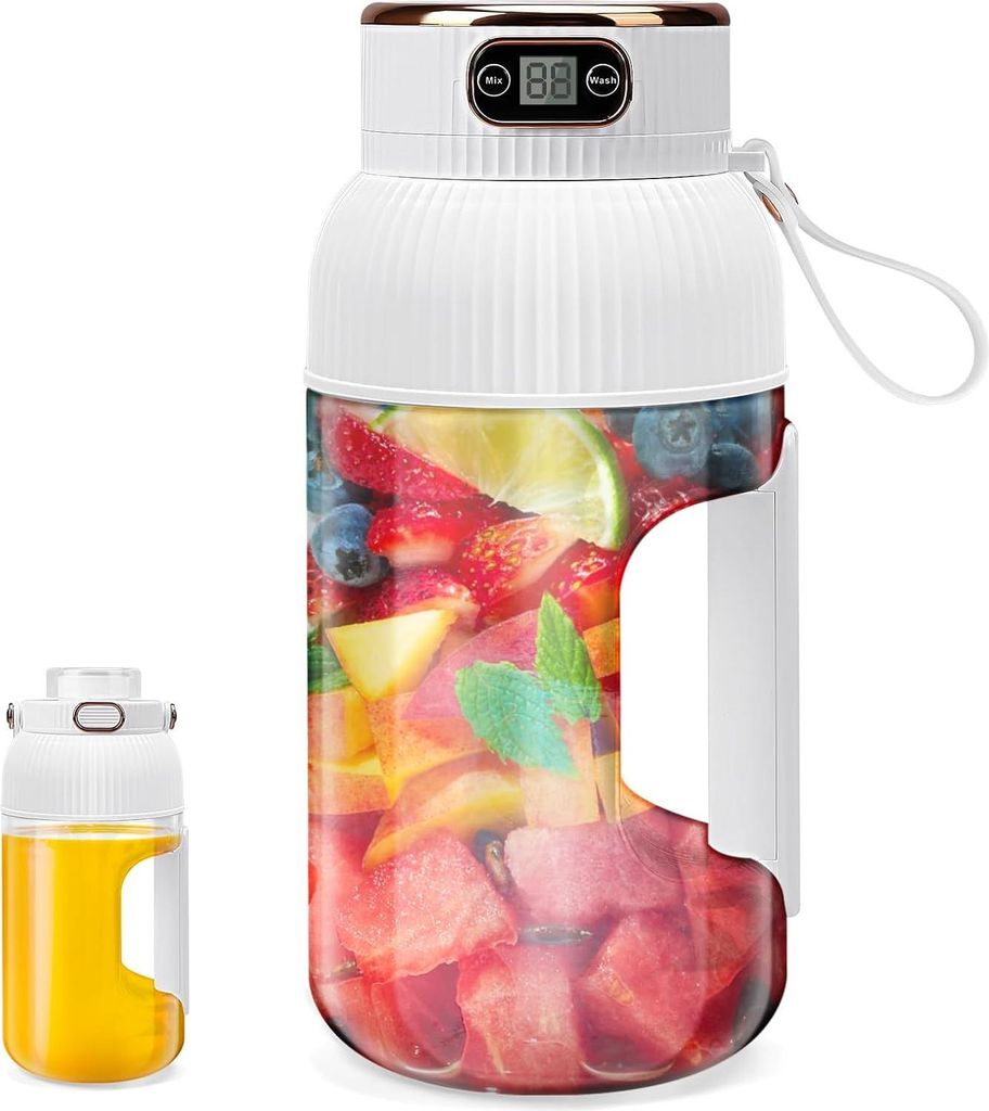 Tragbarer Entsafter, 1,2 l, 10 Klingen, 2600 mAh Akku, rutschfester Griff, Digitalanzeige, für Fruchtsäfte, Milchshakes und Smoothies (weiß)