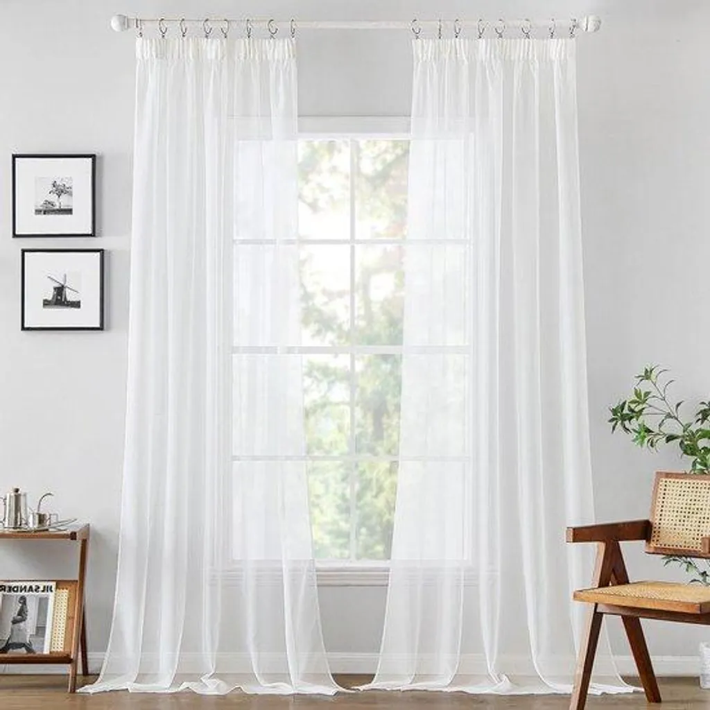 Lot de 2 Rideaux Voilages Blancs 140x200 cm à Passants Style Moderne