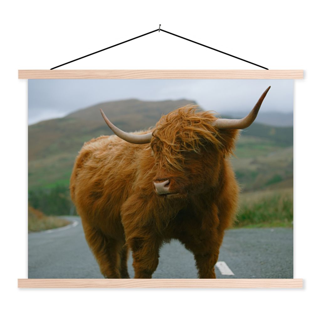 MuchoWow Textilposter Schottischer Highlander - Berg - Straße 40x30 cm mit holzfarbenen Rahmen - Bilder