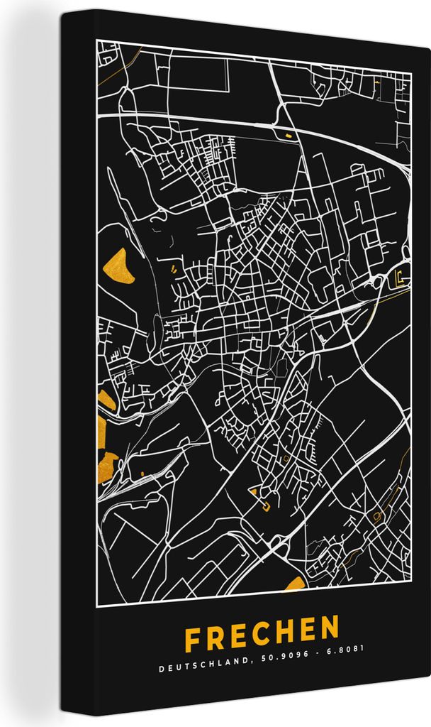 OneMillionCanvasses - Leinwandbilder - 90x140 cm, Frechen - Stadtplan - Gold - Karte - Deutschland, Wandbilder Kunstdruck Wanddekoration - Foto a...
