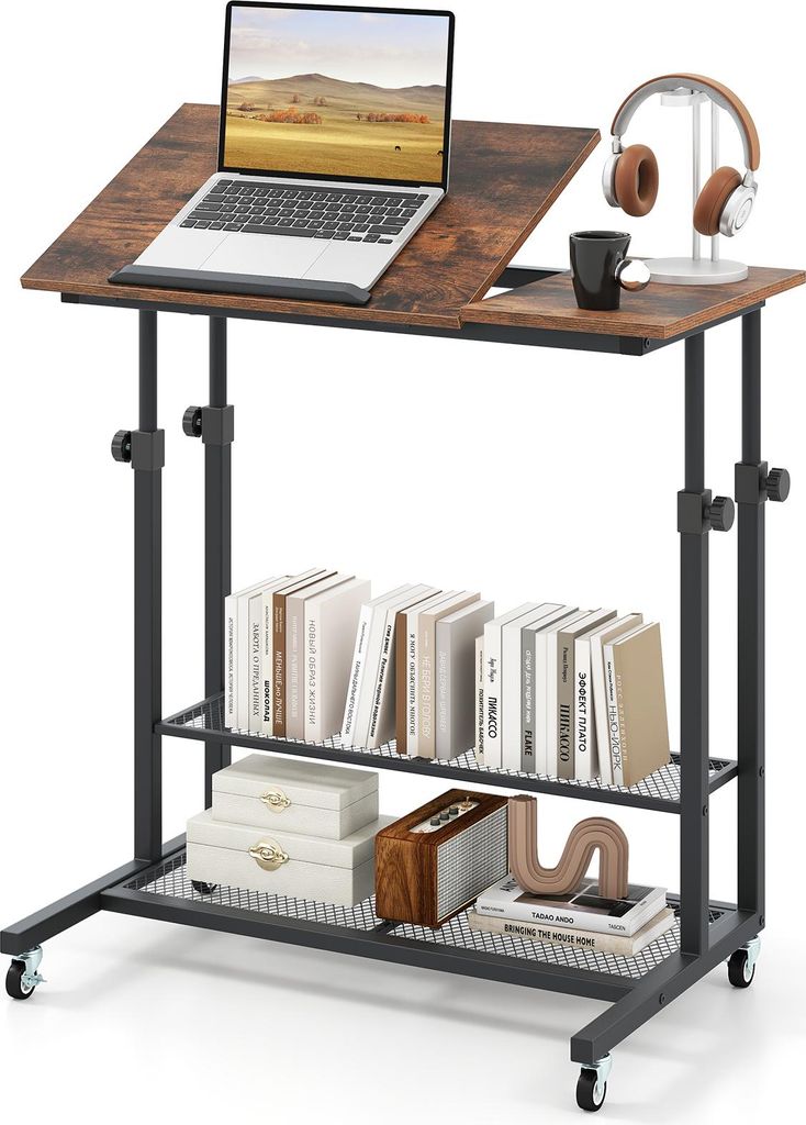 COSTWAY Betttisch auf Rollen höhenverstellbar, Pflegetisch mit Tischplatte, Ablage & Kantenschutz, C-Förmig Laptoptisch, 80 x 40 cm Beistelltisch