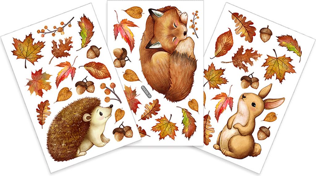 3 Bögen Herbst-Tier-Wandaufkleber, handgemalt, Cartoon-Igel, Fuchs, Kaninchen, Ahornblätter, selbstklebend, wasserdicht, PVC, abnehmbar, für Woh...