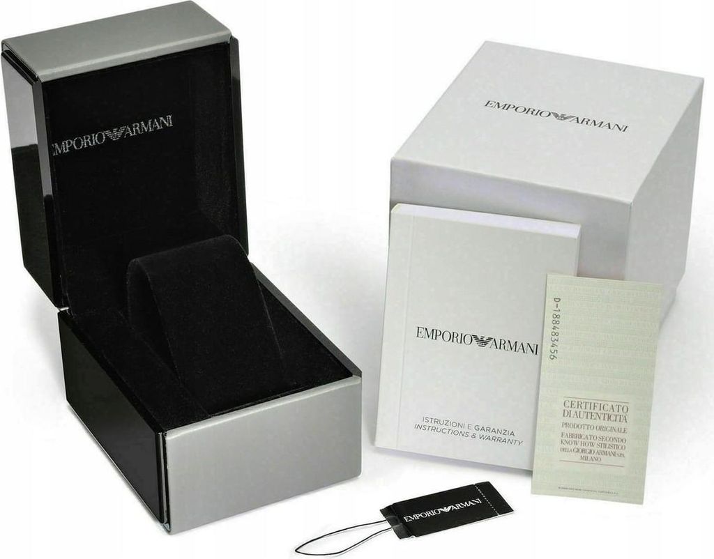 An Emporio Armani watch box and accompanying documentation.