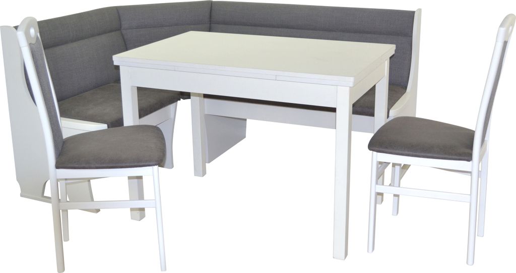 A white dining table with a grey corner bench and two chairs, set against a white background.