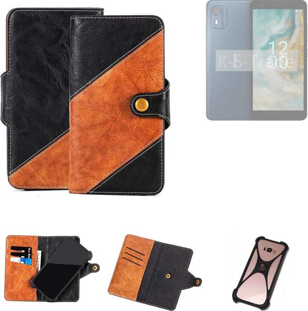 K-S-Trade Handyhülle Schutzhülle Bookstyle Case Wallet-Case kompatibel mit Nokia CO2 Handy Cover Bumper Klapphülle schwarz hellbraun 1x