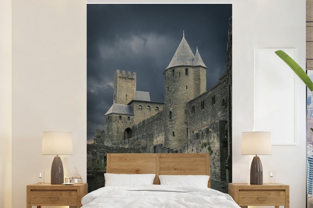 MuchoWow Fototapete für Wohnzimmer oder Schlafzimmer Wandtapete Vinyl Motivtapete Carcassonne - Burg - Sturm - 170x260 cm - Wohnzimmertapete