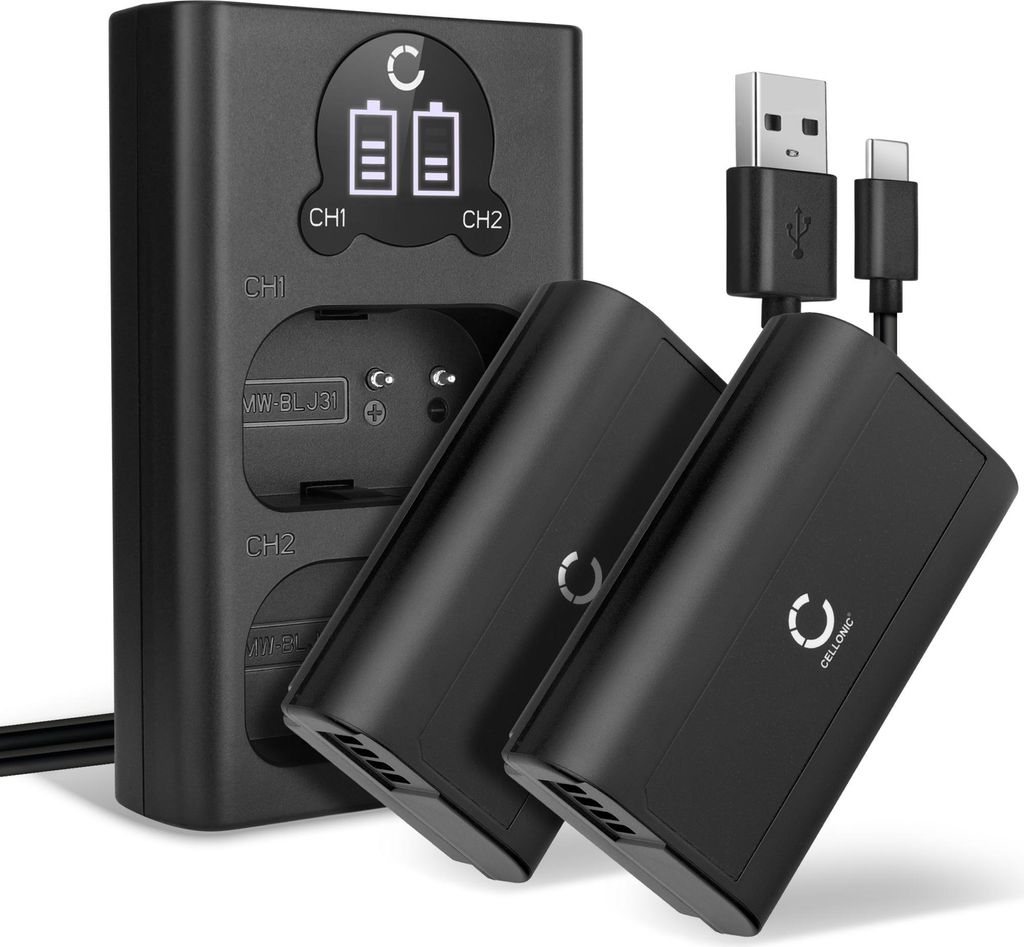 CELLONIC 2x Akku für Kamera Kompatibel mit Panasonic Lumix DC-S1, Lumix DC-S1M2, Lumix DC-S1M2ES, DMW-BLJ31 - (2200mAh, 7.4V) + Dual Ladegerät