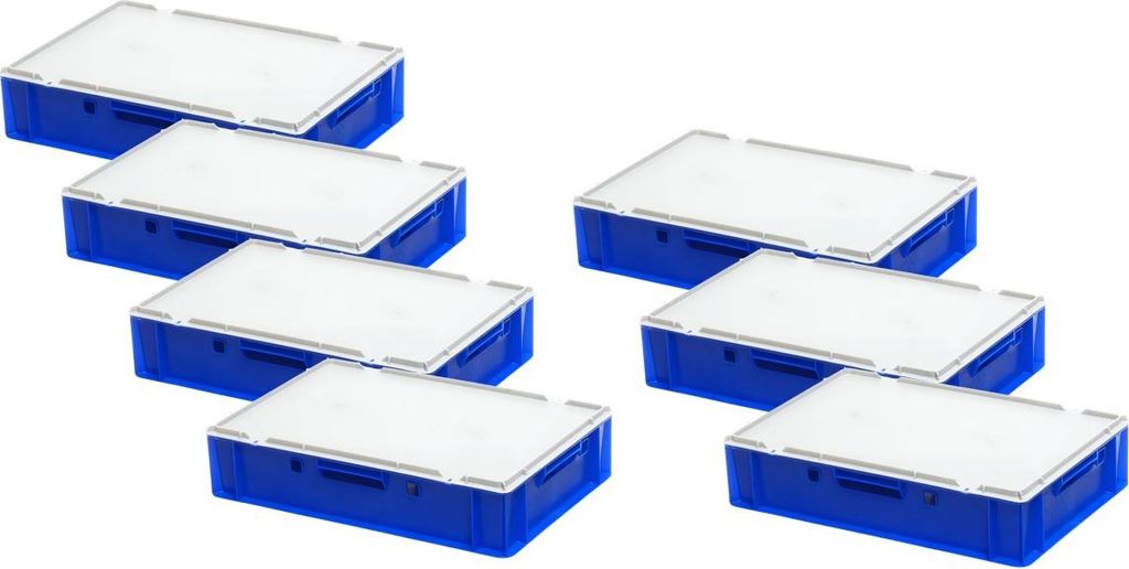 7 Stück E1-Kasten in Blau mit 7 Deckel in Grau