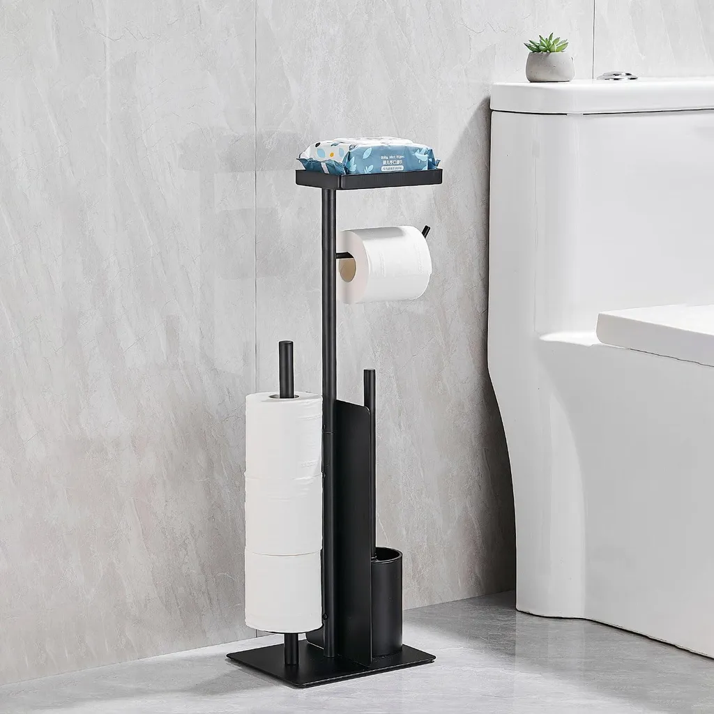 Porte-rouleau WC métal inoxydable noir base antidérapante et tablette