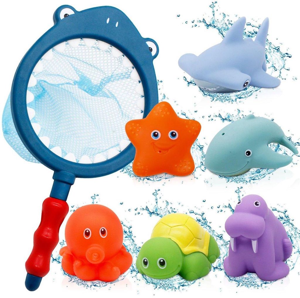 Badespielzeug Baby – 7-teilig, Farbwechsel, Spritzspielzeug mit Fangnetz