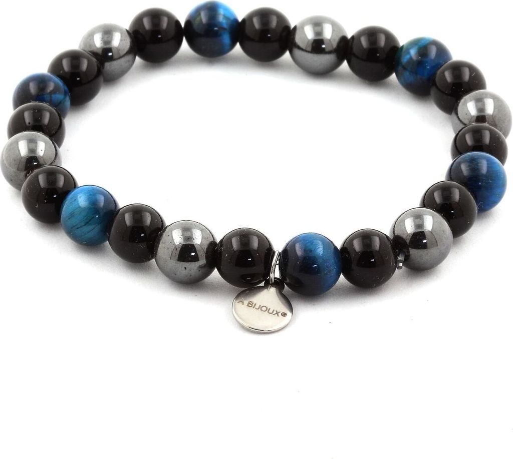 Armband Hellblaue Tigeraugenperlen + Hämatit + Schwarzer Achat 8 mm
