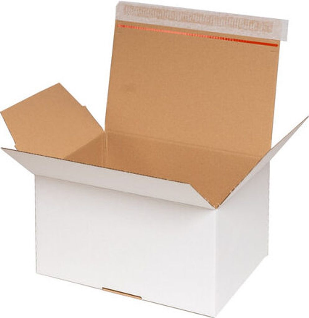 10x Schnellaufrichtekarton 310x230x158mm Selbstklebeverschluss Aufreißfaden Automatikboden weiß A4+