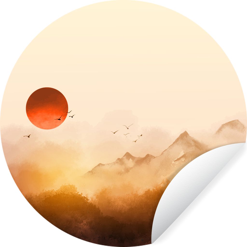 MuchoWow Runde Wandtattoo - Wandsticker Tapete Aufkleber Malerei - Sonne - Landschaft - Vögel Ø 80 cm Selbstklebend und Repositionierbar - Wand...