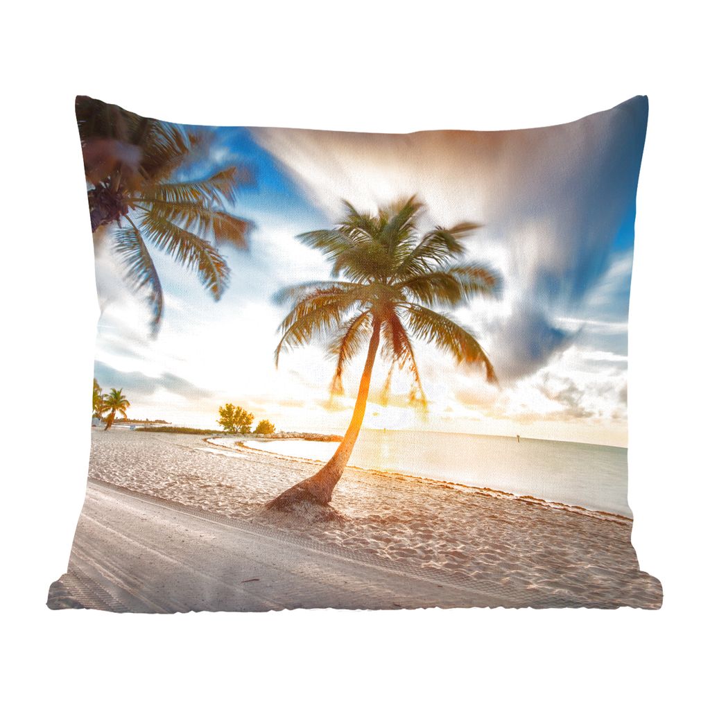 MuchoWow Zierkissen Sofakissen Wohnzimmer Dekokissen 60x60 cm Sonnenuntergang - Strand - Palme - Sitzfläche - Foto Polster
