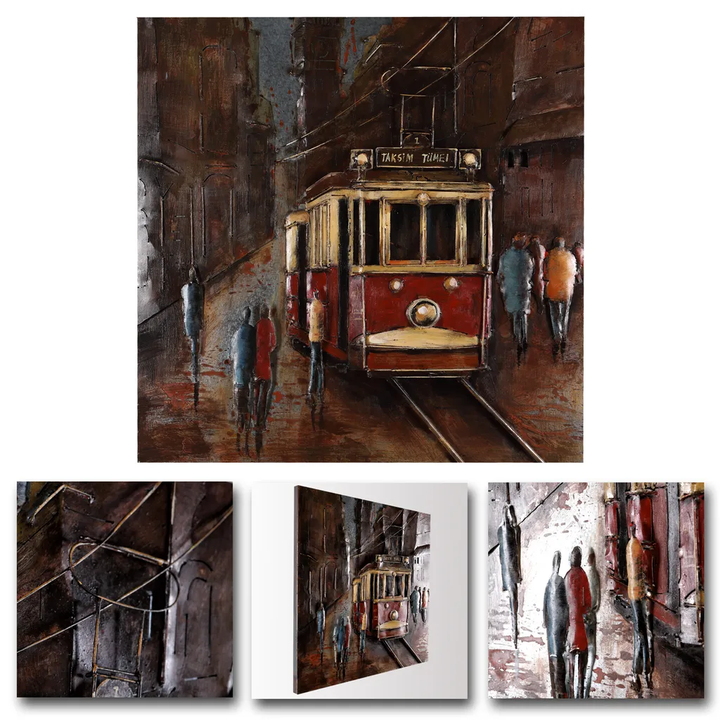 Tableau métal 3D fait main tramway rouge 80x80 cm relief exceptionnel