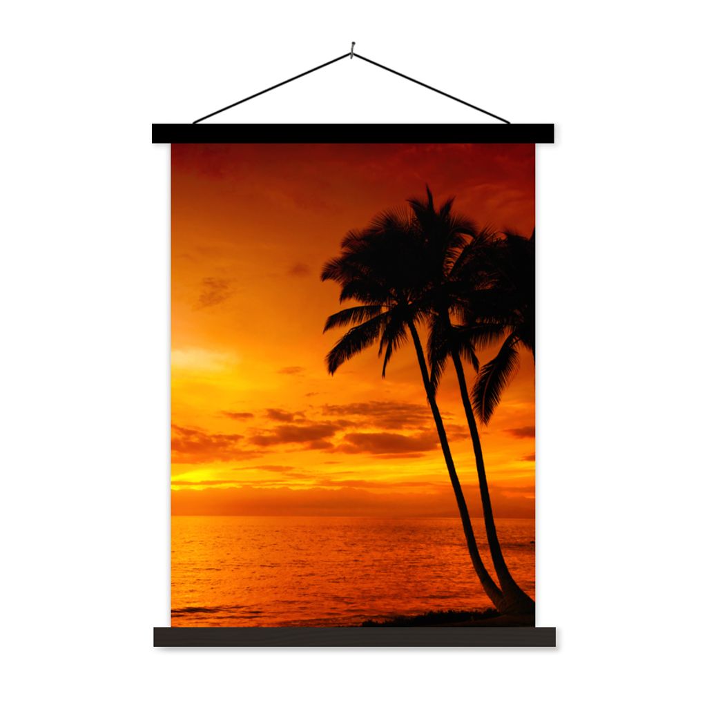 MuchoWow Textilposter Palme - Sonnenuntergang - Tropisch - Orange - Meer 90x120 cm mit schwarzem Rahmen - Dekoration
