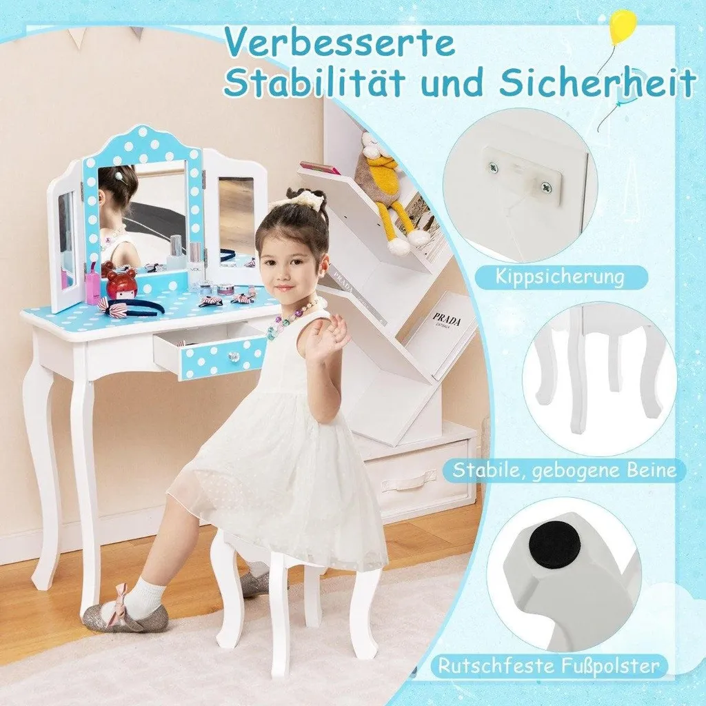 Coiffeuse enfant 2 en 1 avec tabouret et miroir triptyque à pois bleu
