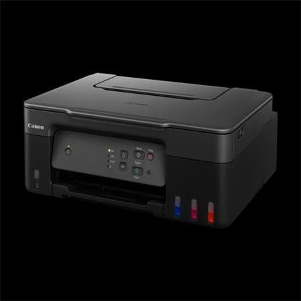 A black Canon PIXMA G2430 printer is shown against a black background.