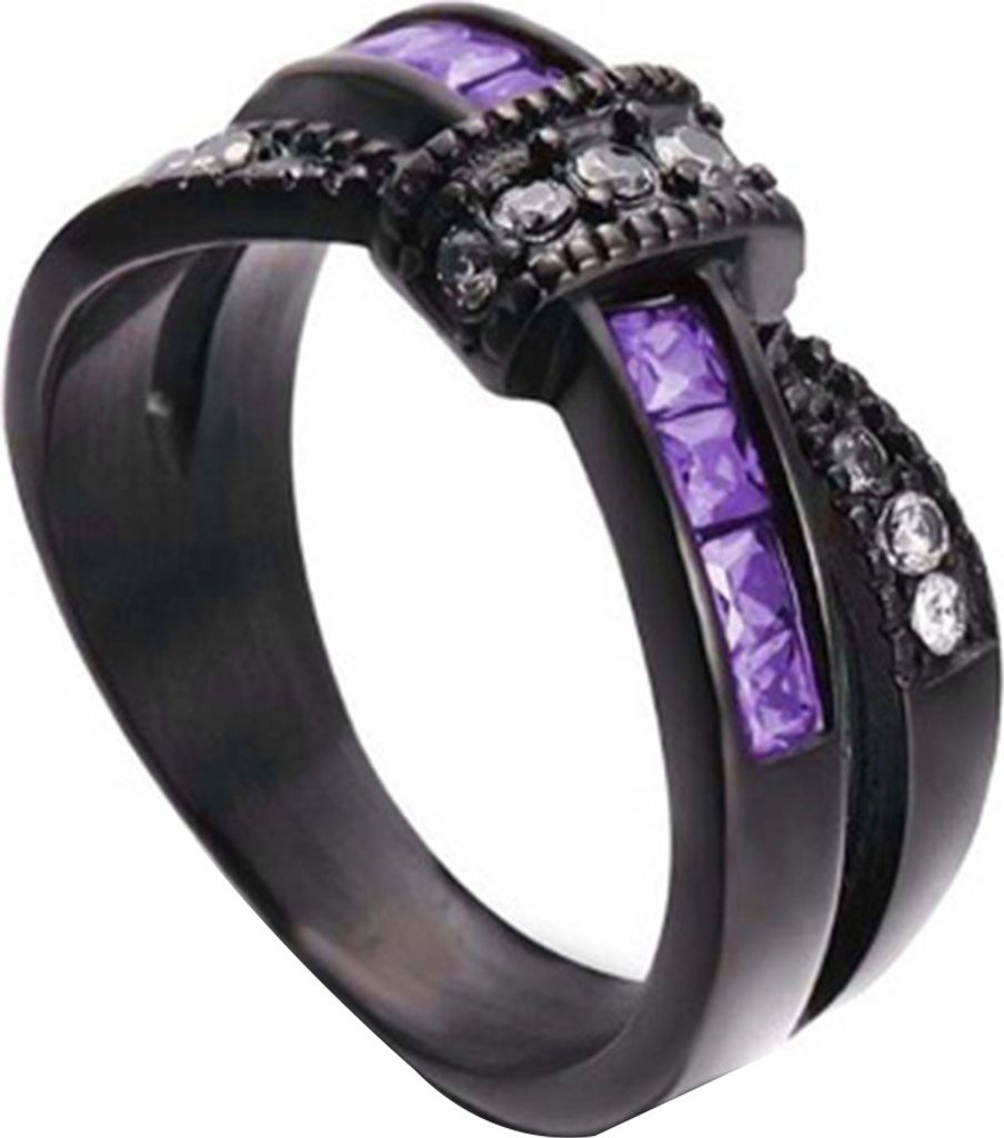 Mode Frauen Faux Amethyst Intarsien Kreuz Bowknot Verlobungsring Schmuck Geschenk-Schwarz,US 5