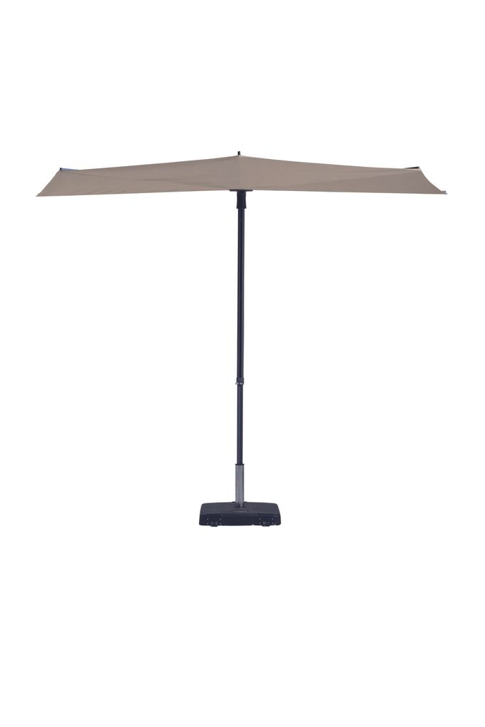 A rectangular patio umbrella with a tan canopy and a dark gray pole and base, isolated on a white background.