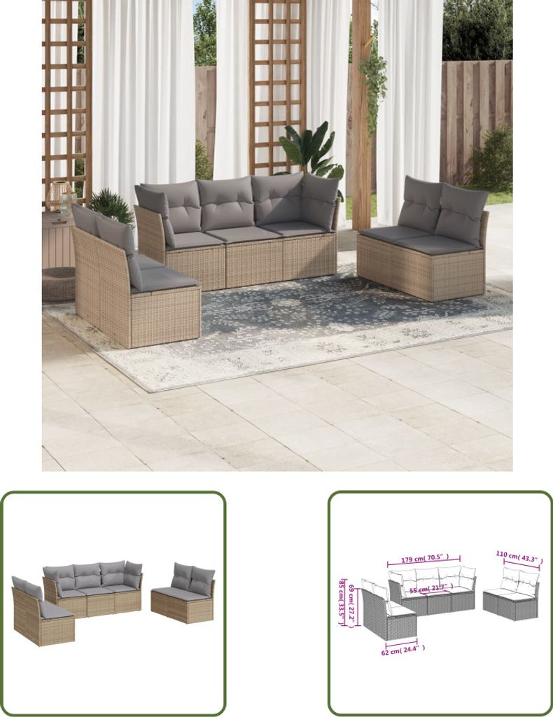 The Living Store 7-tlg. Garten-Sofagarnitur mit Kissen Beige Poly Rattan