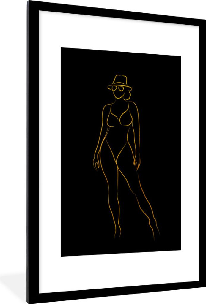 MuchoWow Gerahmtes Poster Sonnenbrille - Schwarz - Gold - Linienkunst 60x90 cm - Poster mit Schwarzem Bilderrahmen Wandposter Rahmen Foto Bilder ...
